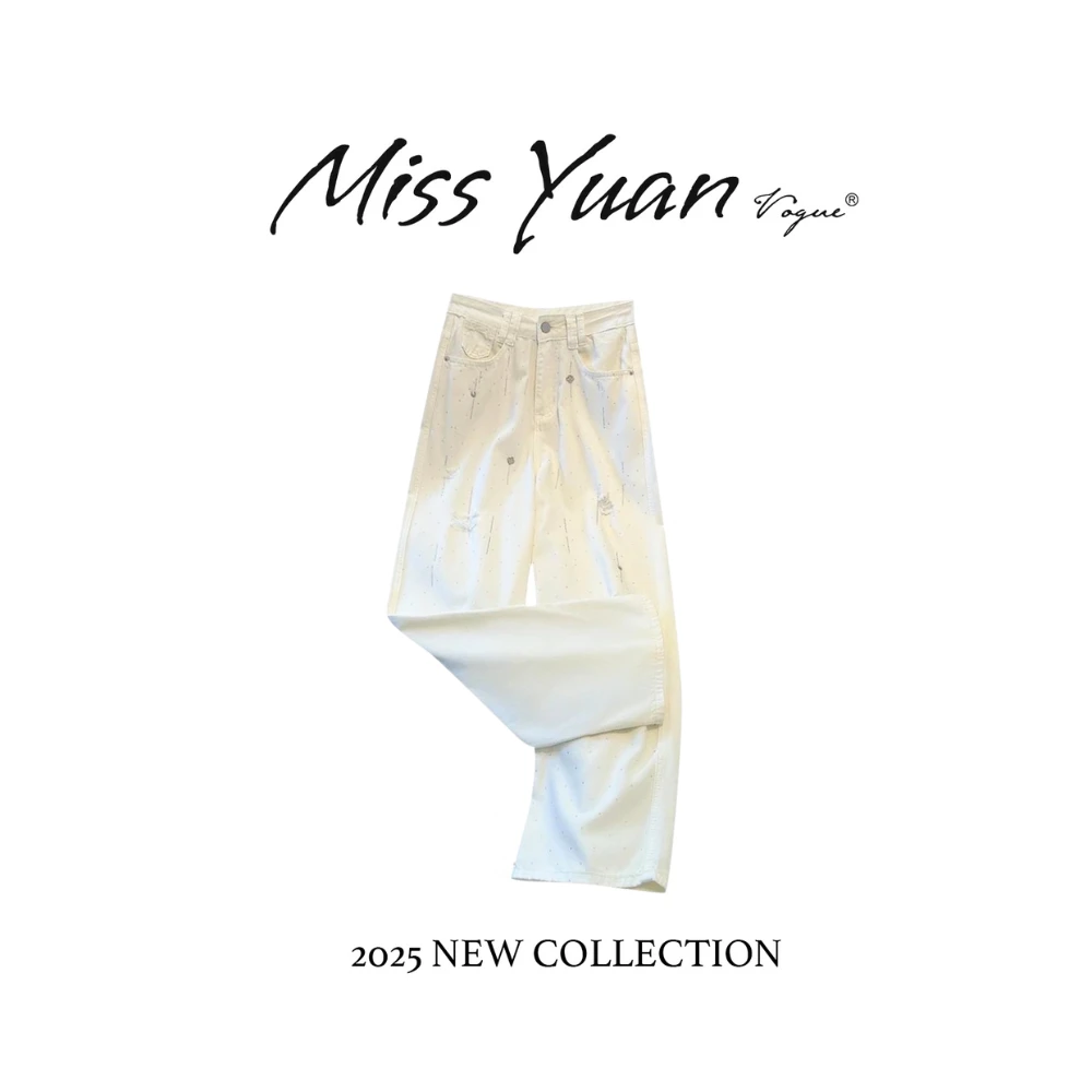 莱赛尔牛仔裤细闪白色冰丝破洞裤2025夏薄款高腰遮腿型拖地裤