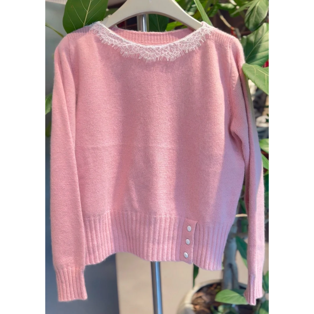 拼接圆领法式毛针织衫毛衫秋冬短款女装设计师镂空网红甜美6663