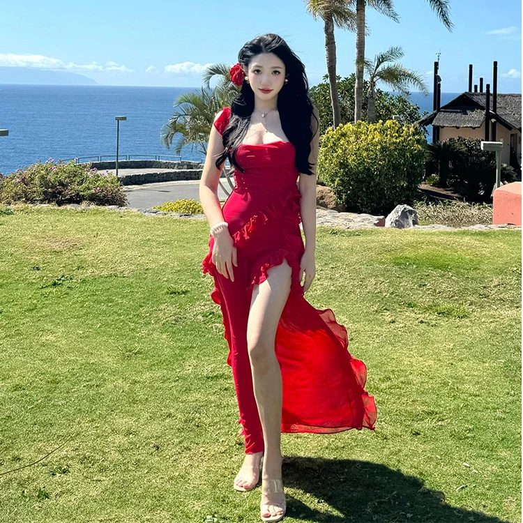 海边度假拍照长裙红色纯欲辣妹吊带连衣裙女夏荷叶边开叉性感裙子