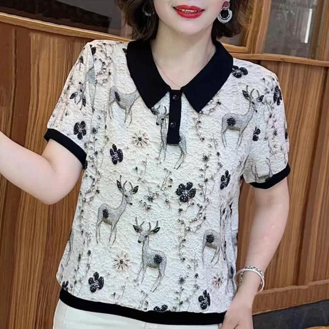 翻领休闲风薄款极简风中老年女装T恤夏季百搭洋气妈妈装上衣