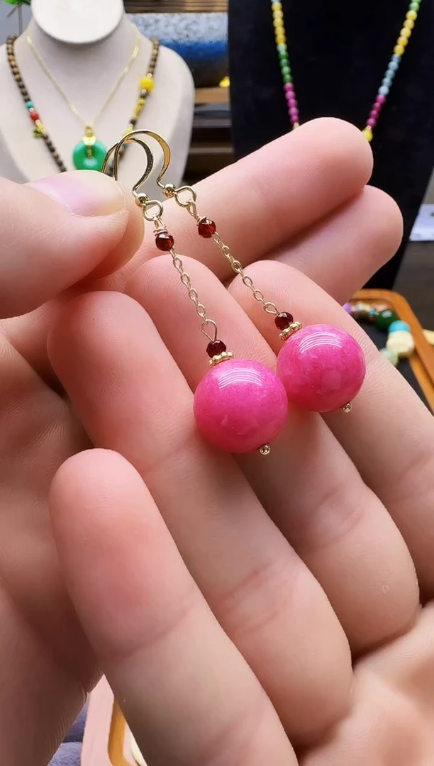 菱锰矿（红纹石）14K金镶嵌耳钉E159