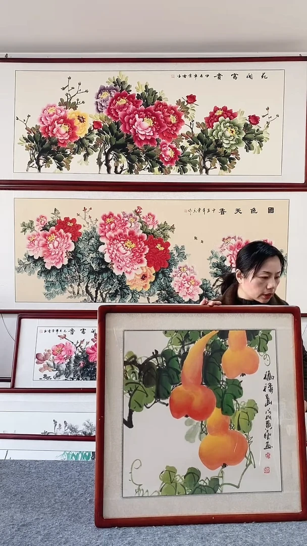 国画纯手绘国画65*65带框装饰挂画