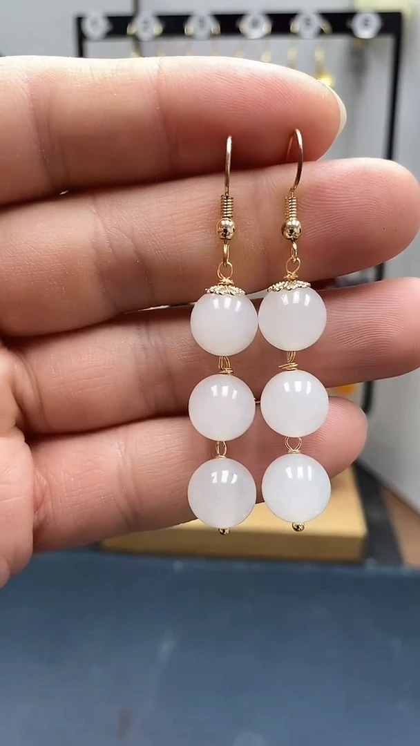 银S925镀金镶嵌和田玉耳饰尺寸10mm连珠白色