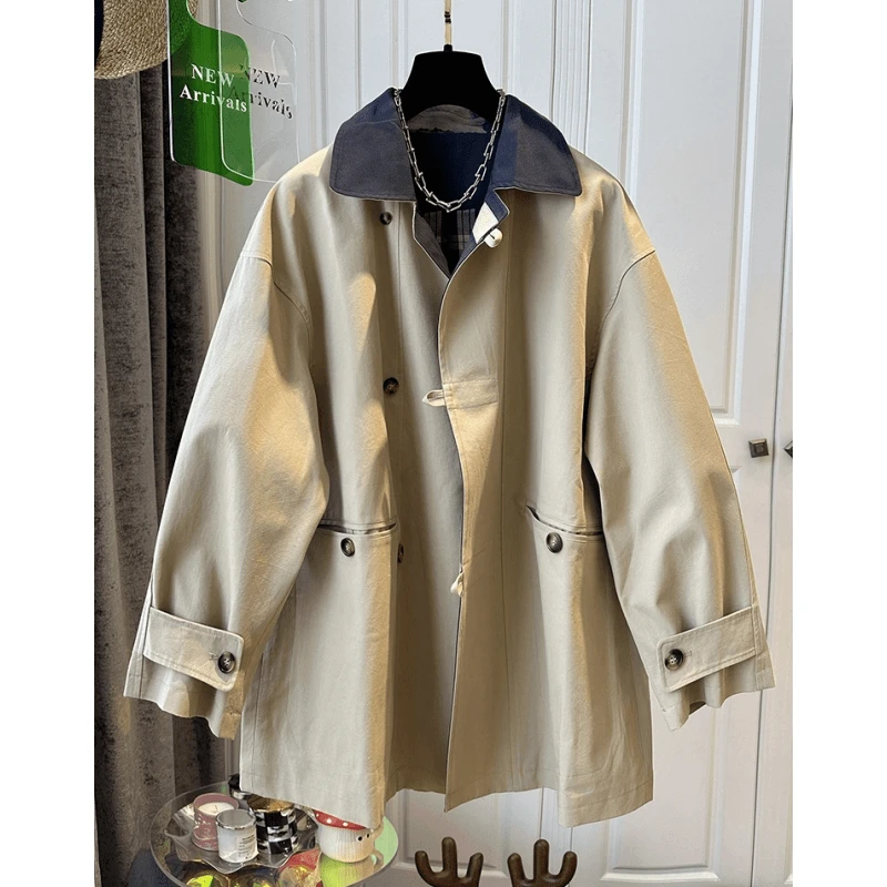 韩系春秋新款设计感复古撞色风衣外套女宽松显瘦减龄上衣百搭潮流