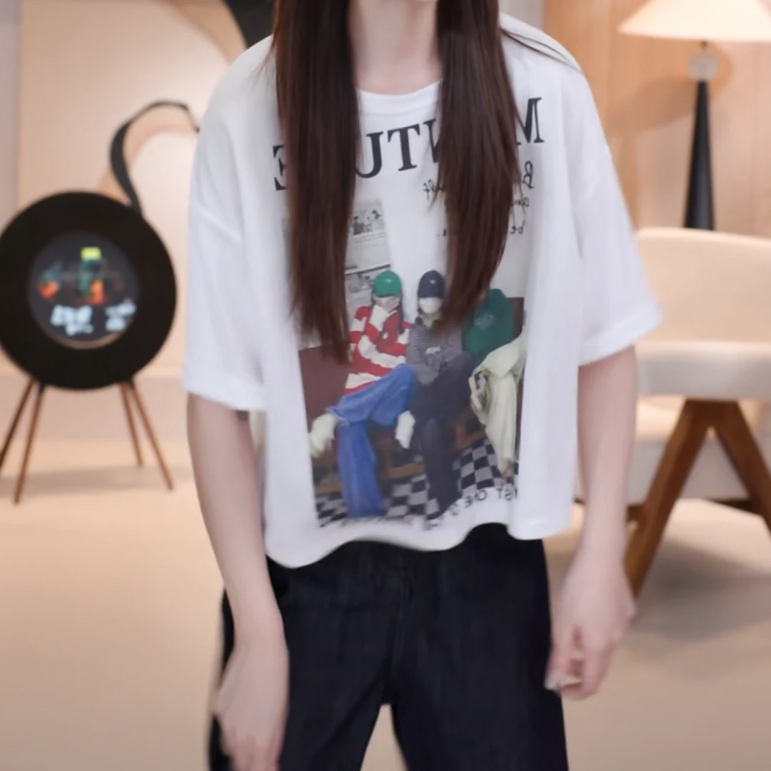 美式时髦宽松后背蕾丝人物印花字母2025年夏季新款短款短袖T恤女