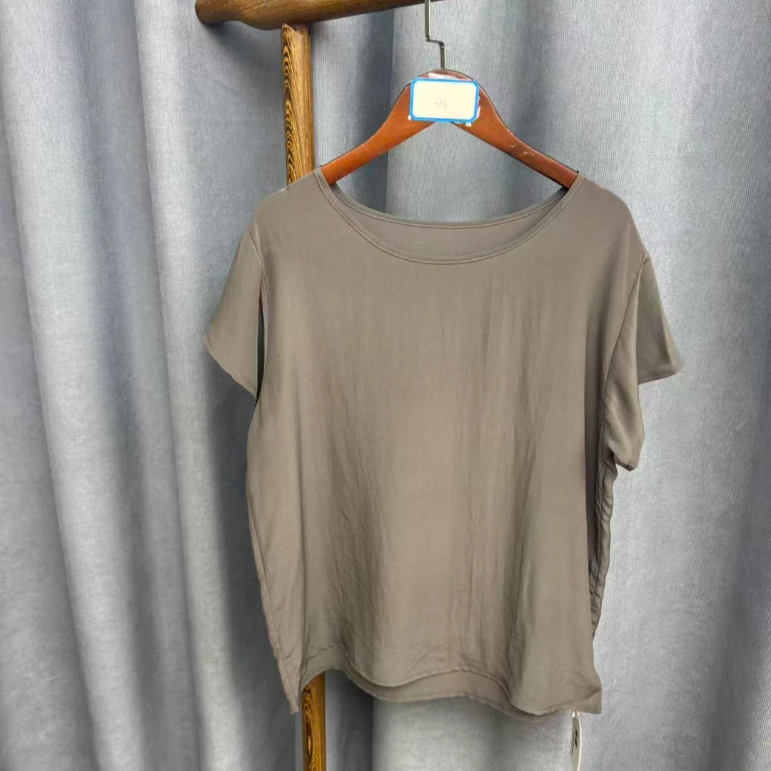 秋季新款休闲时尚圆领桑蚕丝短袖上衣女H746