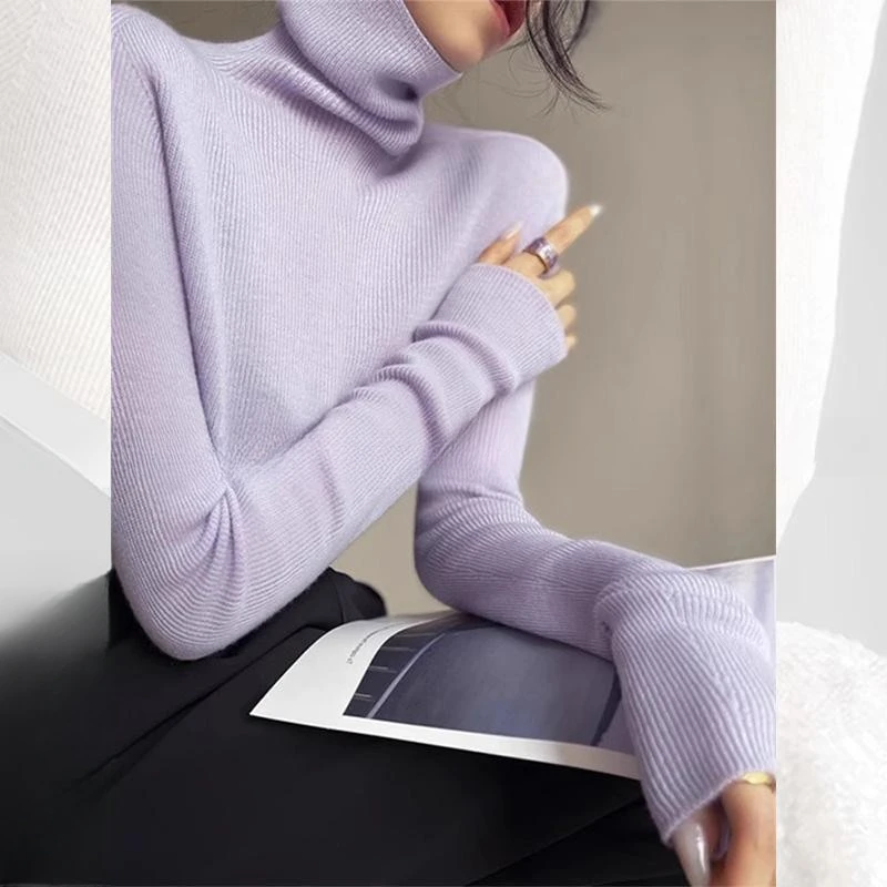 香芋紫内搭小香风高领针织衫女秋冬毛衣打底衫高领长袖上衣休闲