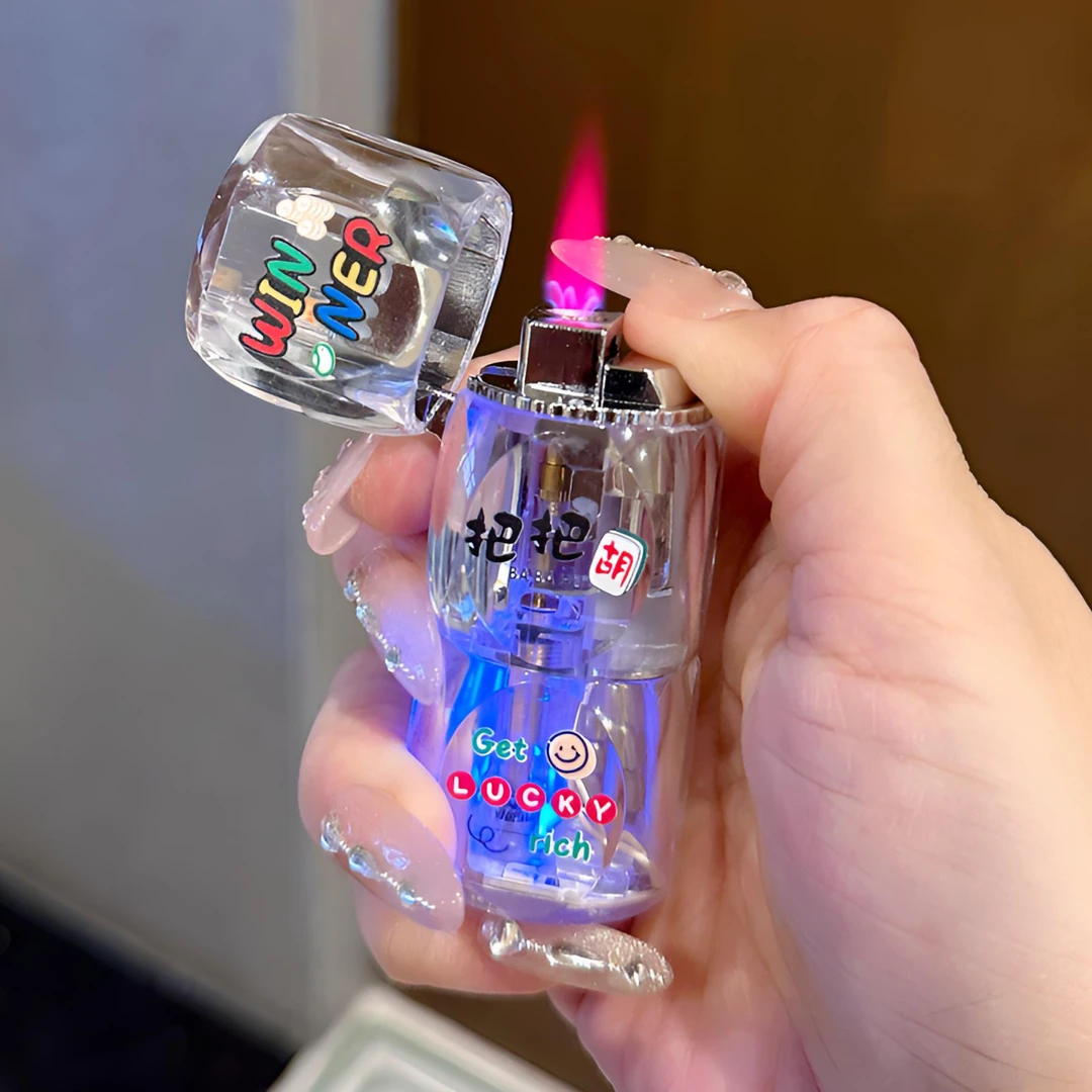 透明发光骰子打火机防风个性创意卡通棋牌图案炫酷自带筛子送男友
