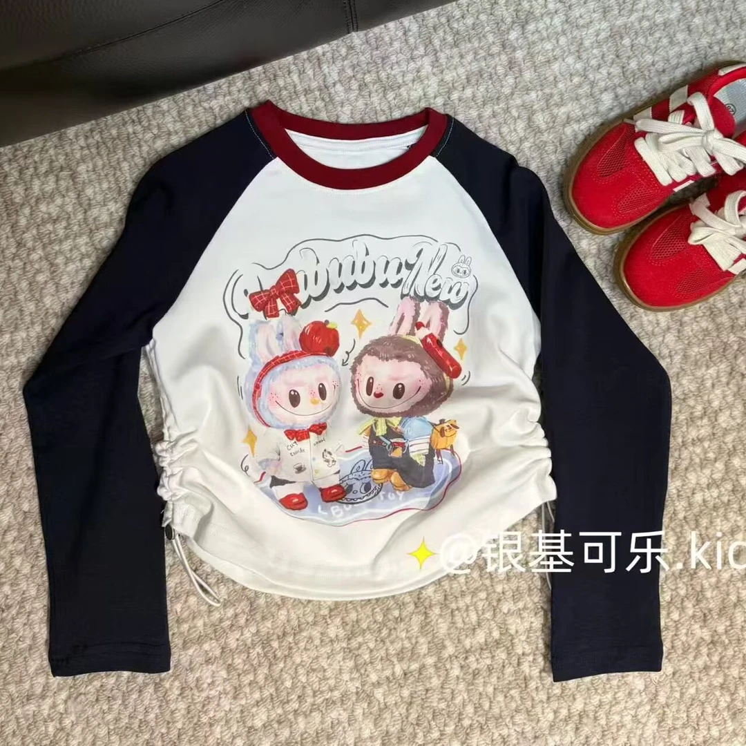 女童春秋新款T恤长袖女宝宝拼色卡通印花圆领百搭休闲上衣