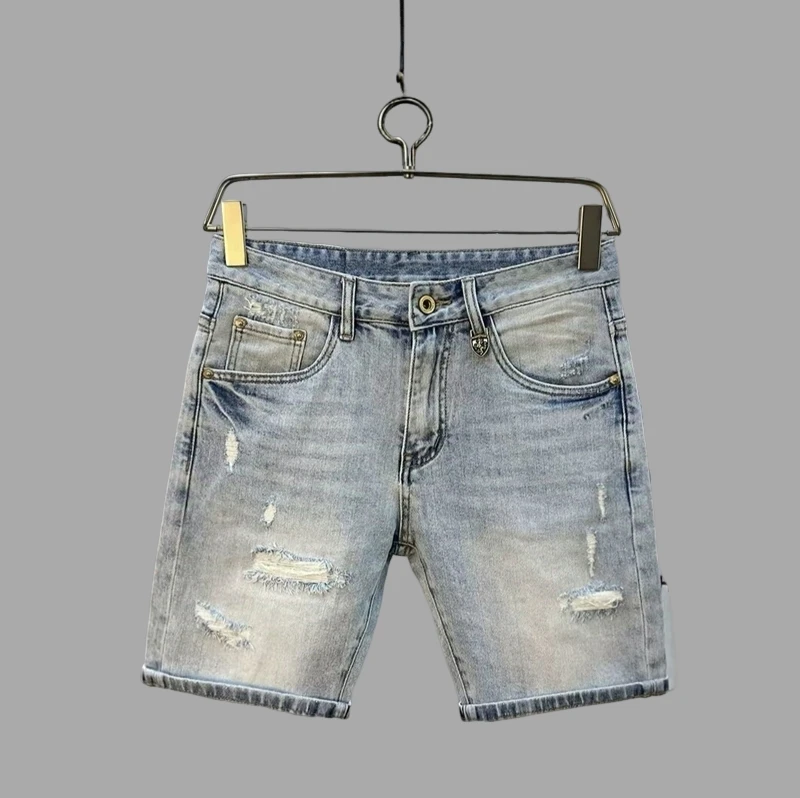 夏季个性破洞牛仔短裤男款时尚潮流痞帅休闲五分裤浅蓝色破烂中裤