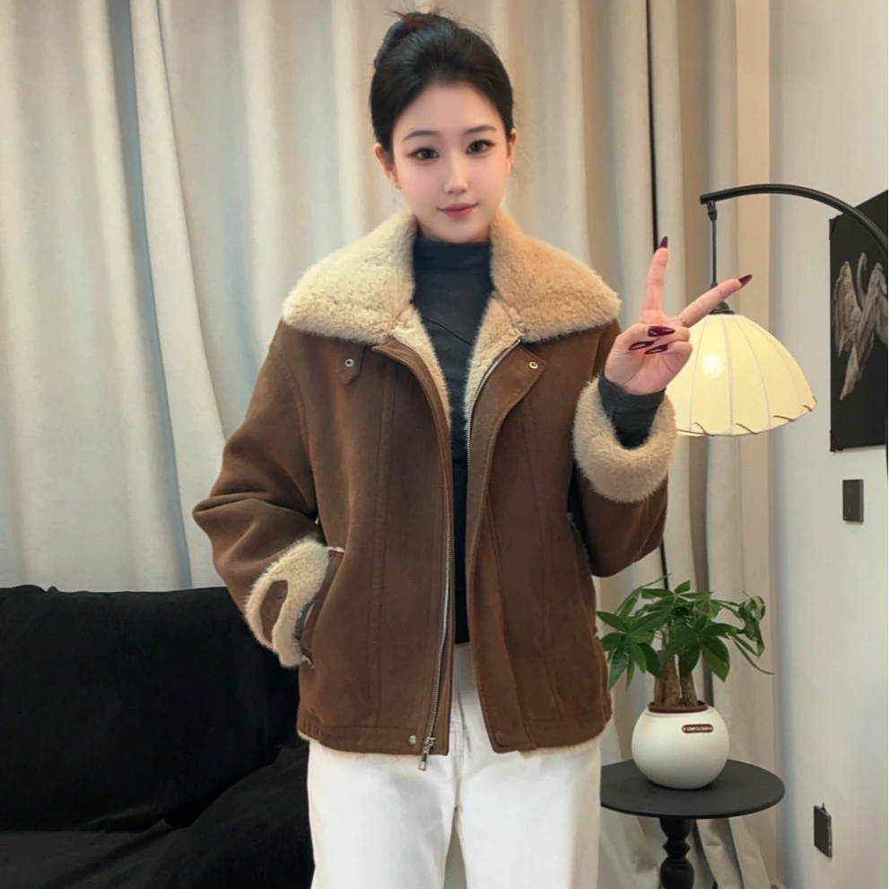 036款冬季双层牛皮绒新款复古加绒保暖磨砂皮外套