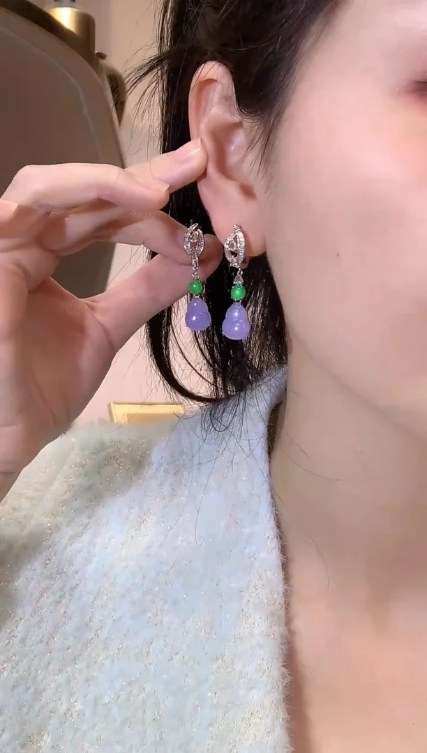 18K金镶嵌翡翠耳饰冬日珠宝Q34紫货有色差