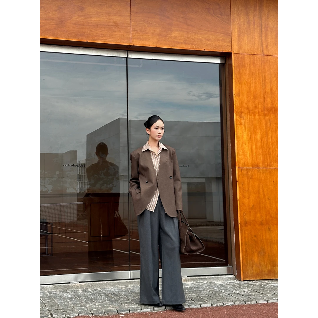 VENUIE深咖色立领西装外套女小众设计通勤简约休闲西服上衣07003