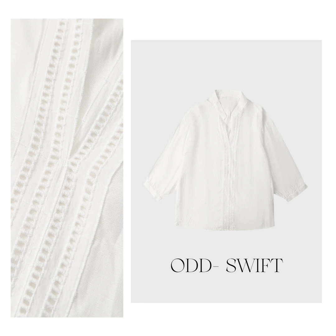 【云曦白昭】休闲清冷松弛感天丝亚麻V领七分袖衬衫-8508