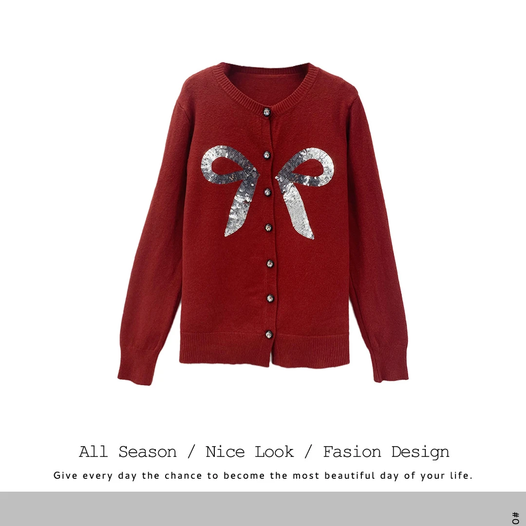 391        黑红双色亮片蝴蝶结舒适百搭开衫长袖     款号#4773