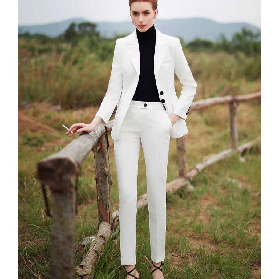 C9322春秋白色帅气长袖西装套装女职业高端气质总裁商务西服套裤S
