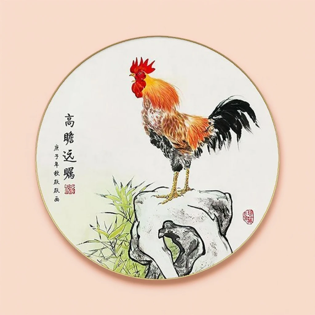 新中式圆形大公鸡挂画雄鸡图客厅餐厅装饰壁画金鸡报晓玄关装饰画
