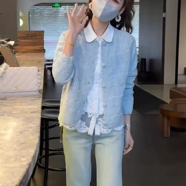 设计感镂空花边软糯针织毛衣女2025年春季新款简约糖果色开衫外套
