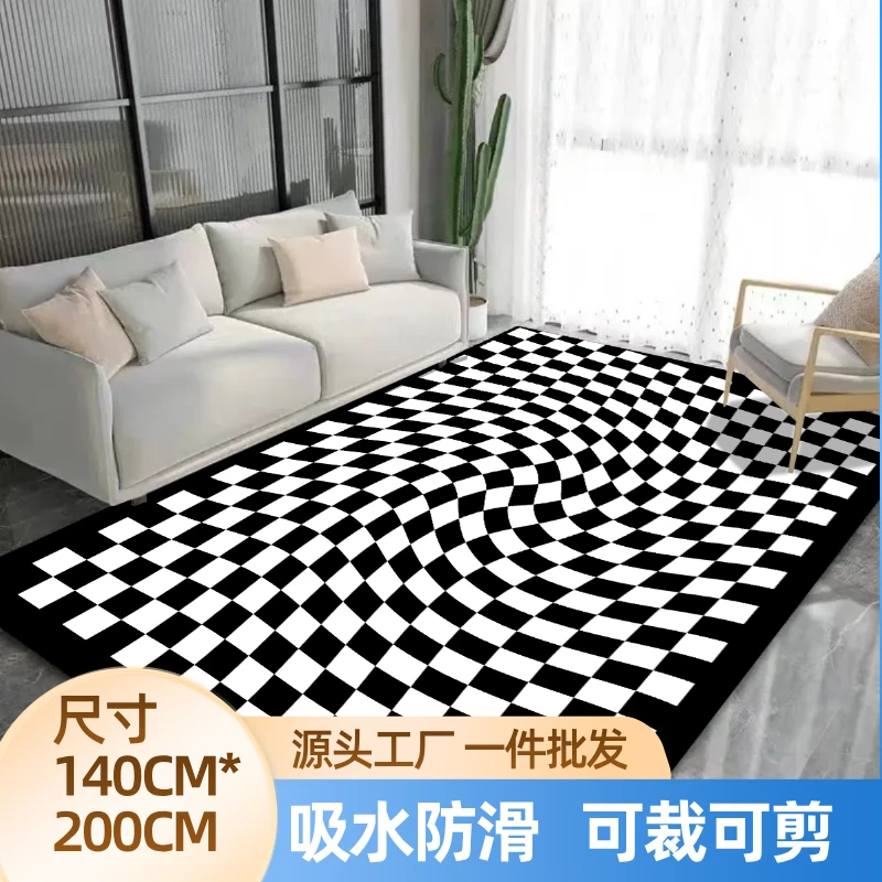 多功能垫140*200客厅毯走廊垫阳台毯门口防滑水晶绒-黑边棋盘格