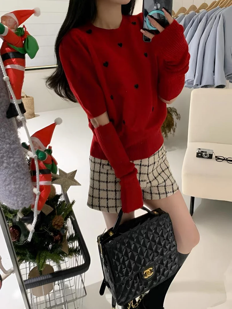 爱心拼接短袖新款甜美小装饰针织圆领套头纯色配袖套毛衣显瘦