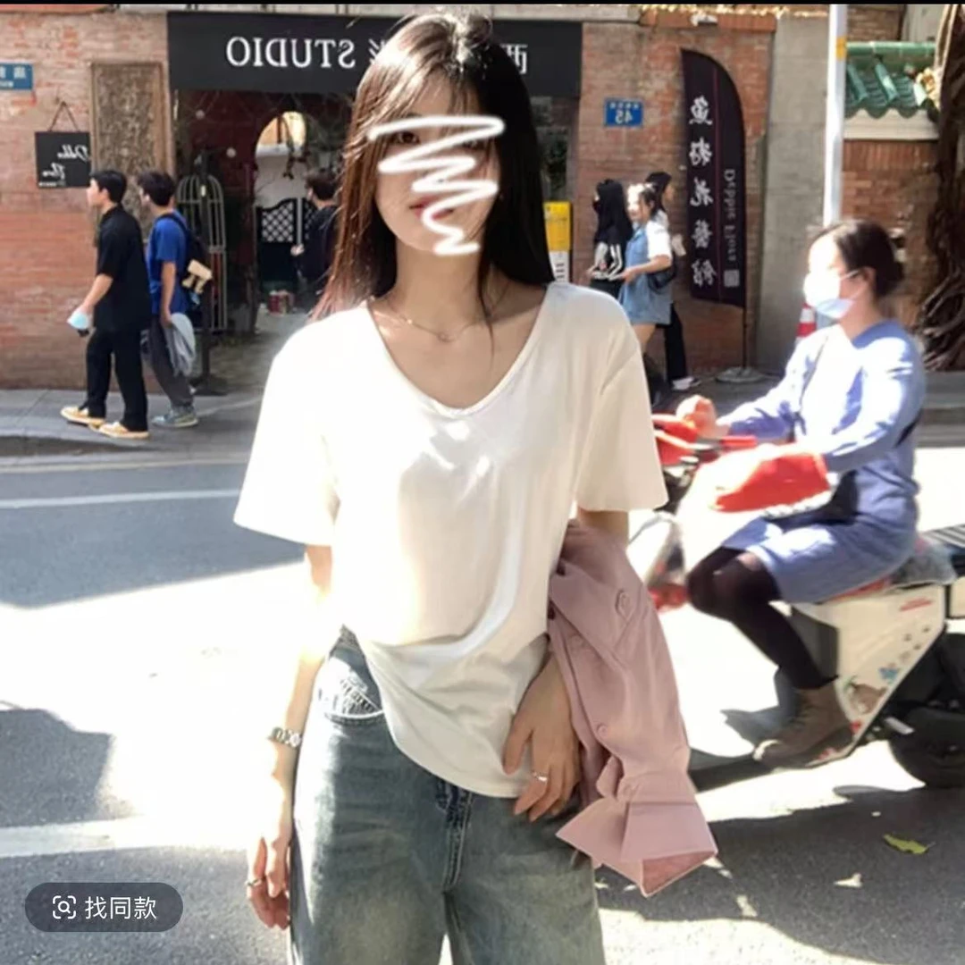 短袖T恤纯棉时尚休闲百搭夏季韩版纯色圆领显瘦短款半袖设计感