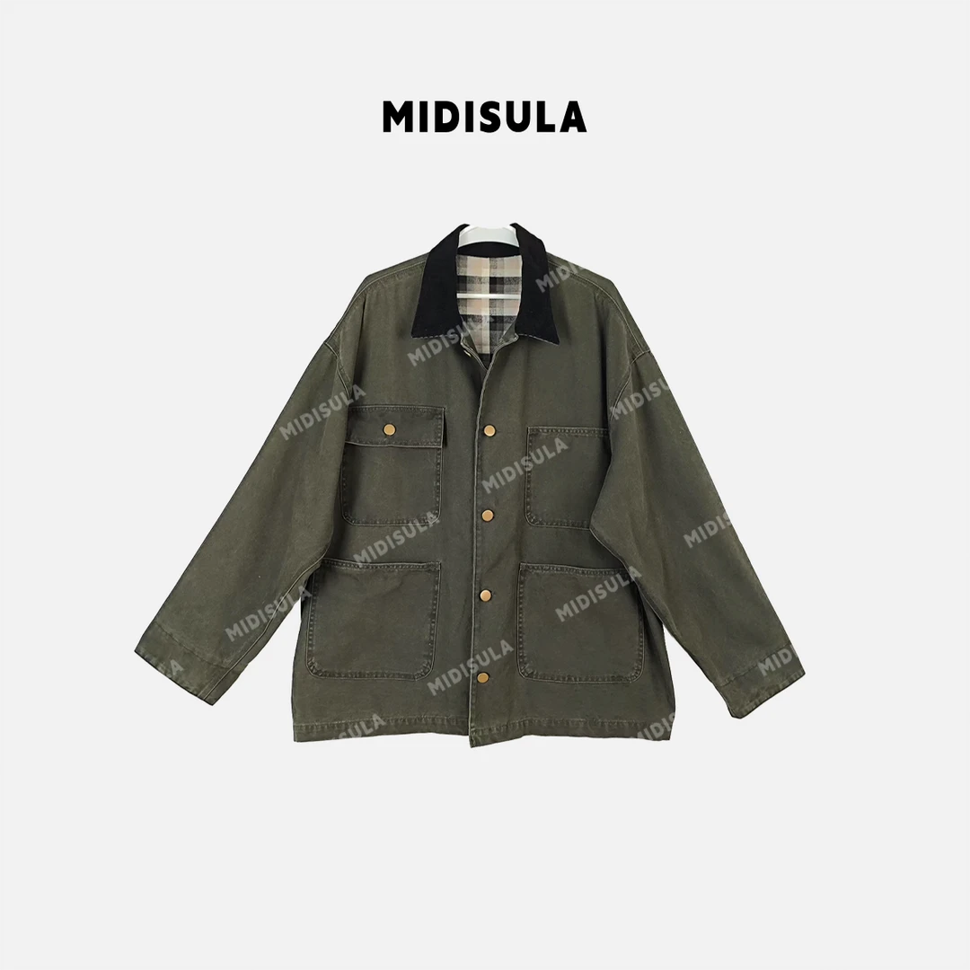 【H.MDSL】多口袋撞色内里格纹翻领工装夹克百搭外套#1365领拼接