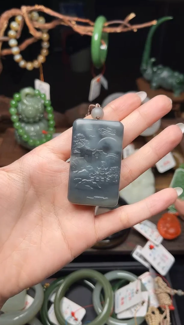 和田玉未镶嵌吊坠(不含链)若羌李保国青花山水牌822478