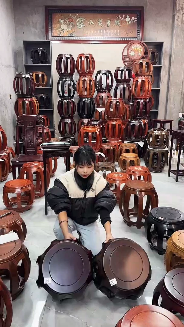 【闪购商品】花梨木类家具微瑕花梨木酸枝色小号鼓凳一对18号