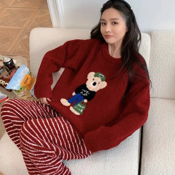 冬季新款家居服套装加厚宽松大码半边绒套头卡通可外穿睡衣慵懒风