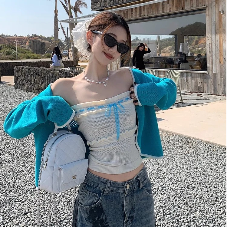 韩版简约时尚慵懒风长袖针织开衫女修身花边抹胸气质百搭上衣