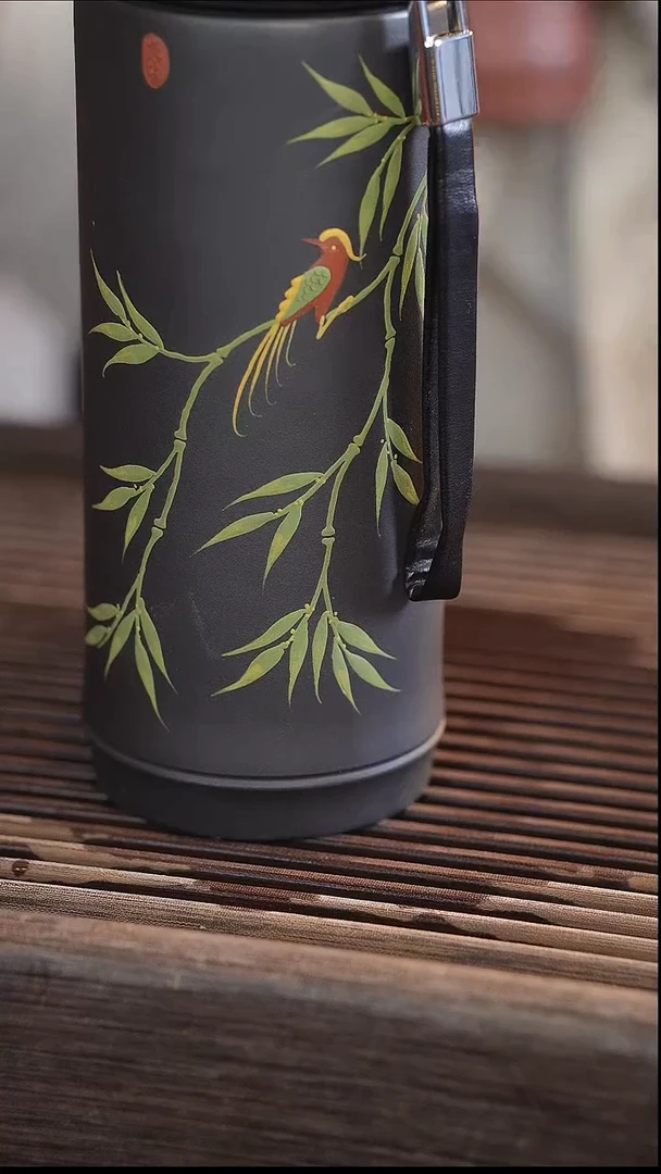 茶壶紫砂双层保温杯 黑金砂 荷花 330cc
