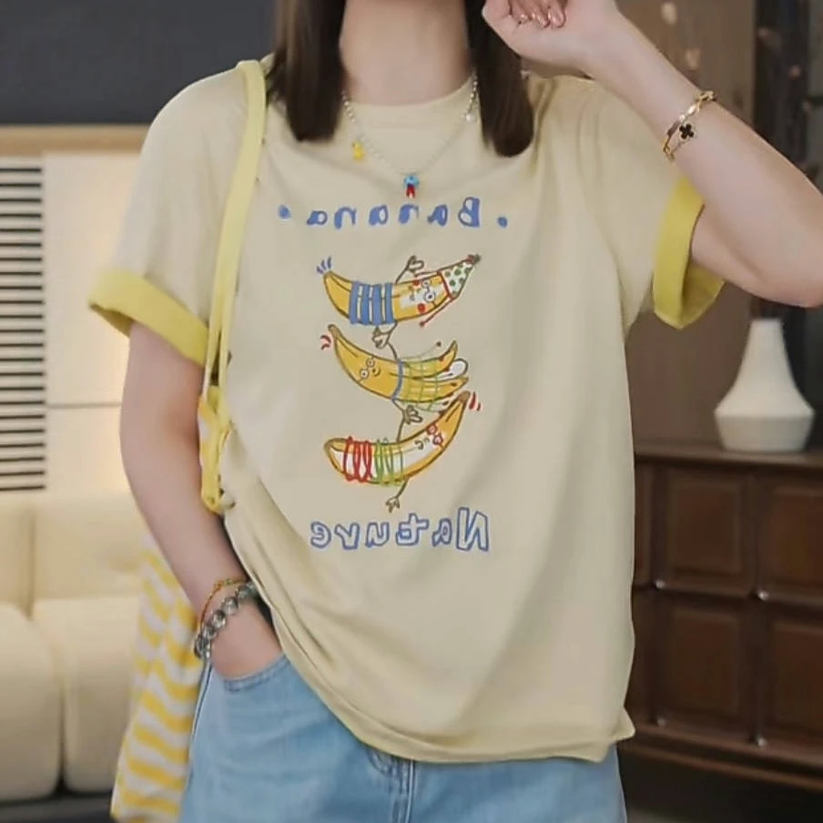 韩系风夏季新款圆领撞色趣味印花短袖T恤设计感百搭少女减龄上衣