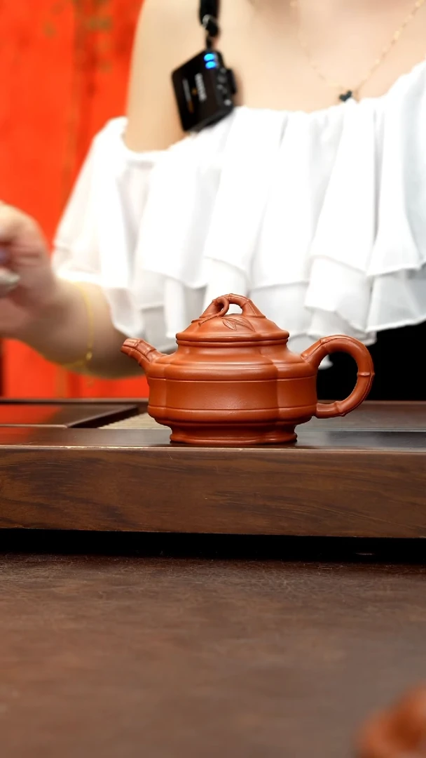 茶壶紫砂生砂朱泥全手经纹海棠130cc左右