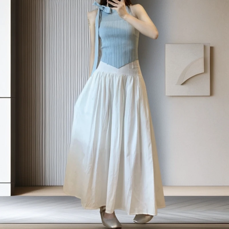 无袖针织背心辣妹上衣半身裙两件套甜美清新系带蝴蝶结高腰长款