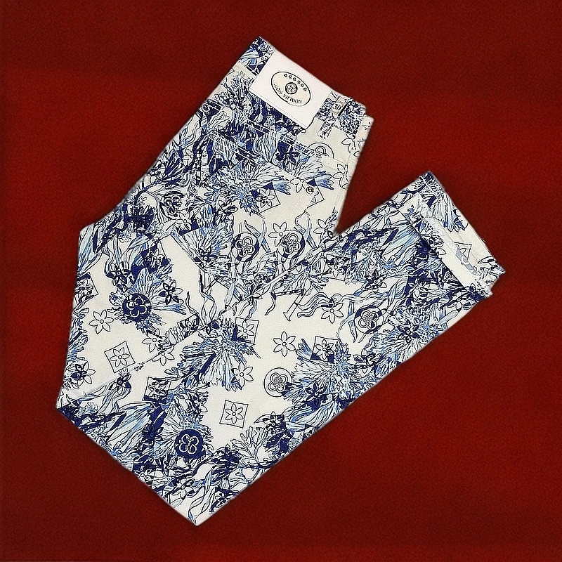 蓝色夏季薄款修身数码印花复古裤男士港风轻奢时尚纯棉潮流男裤