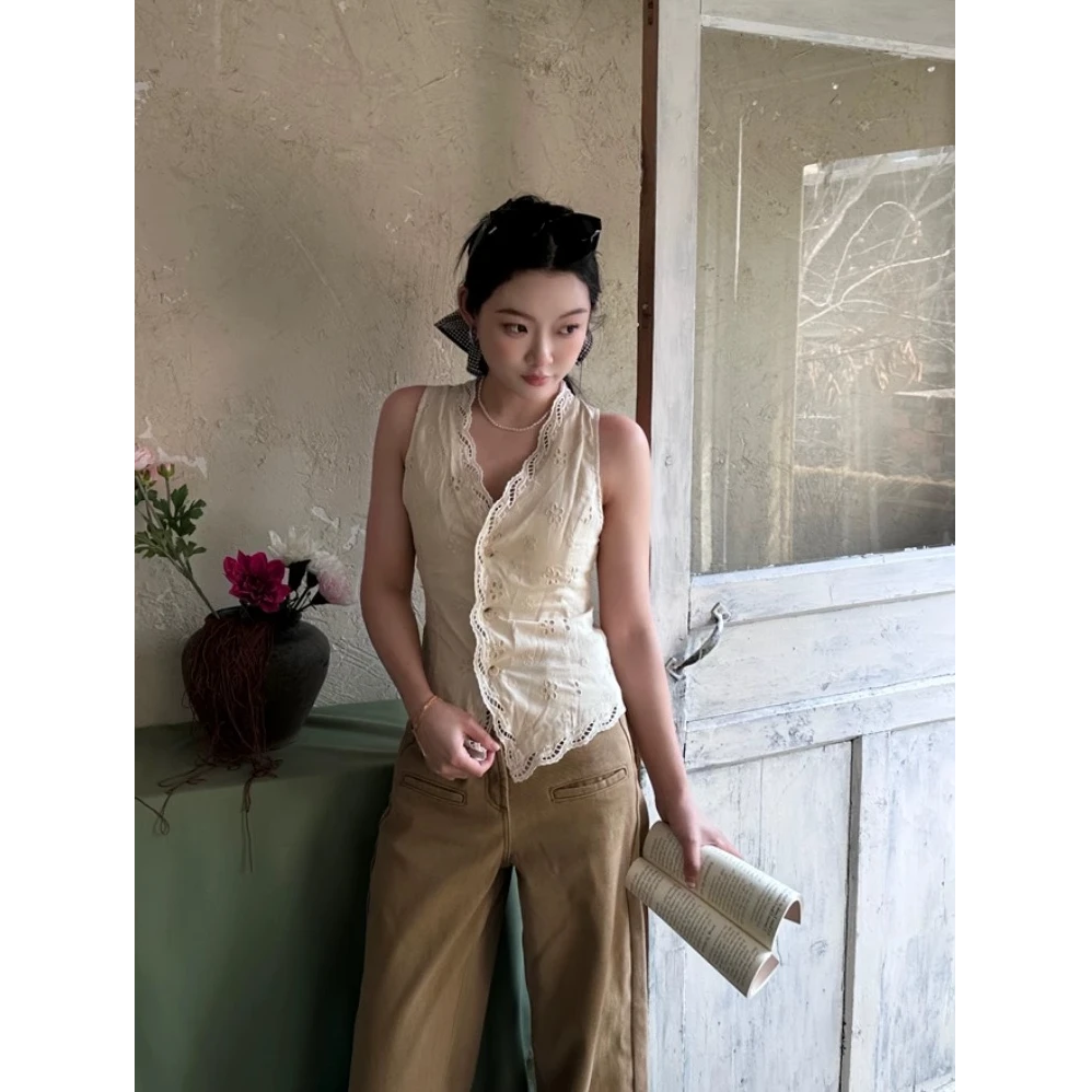 Not Yanggn夏季纯欲法式温柔风V领无袖背心女修身显瘦外穿上衣女