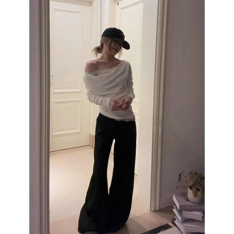 纯欲复古蕾丝内搭长袖t恤性感斜肩上衣微喇牛仔裤垂感拖地马蹄裤