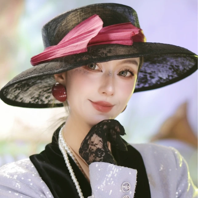 新帽馆遮阳帽子夏季时尚透气防晒蕾丝刺绣编织优雅度假帽