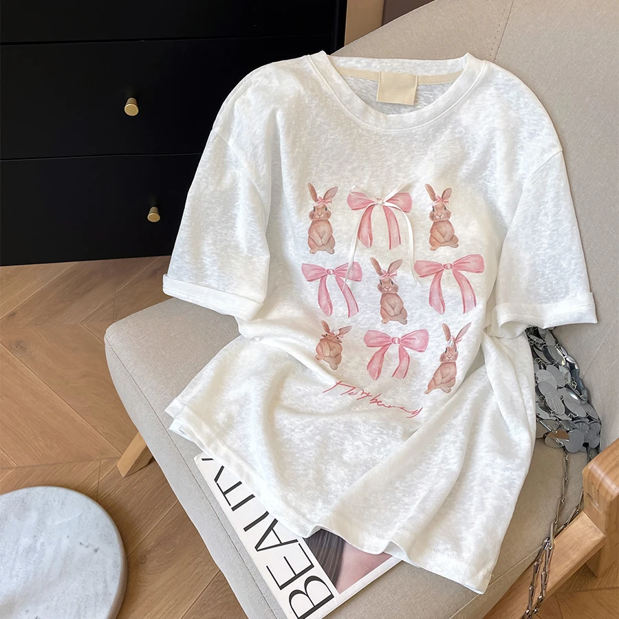 夏季2025新款清新甜美可爱兔子印花蝴蝶结短袖T恤女轻薄透气上衣