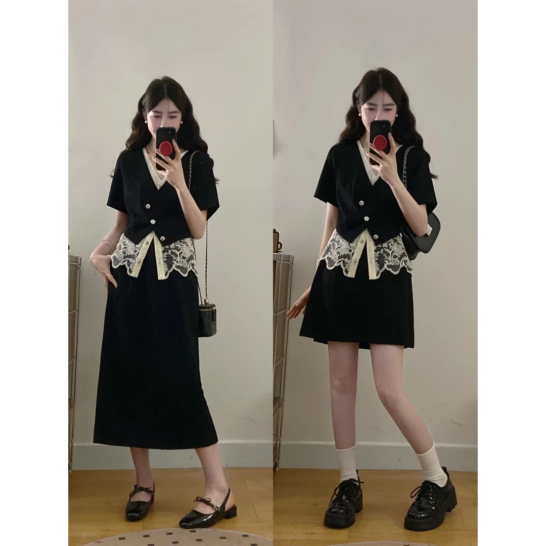 【YOYO】大码新款夏款大码时尚设计高级感拼接蕾丝假两件上衣+半身