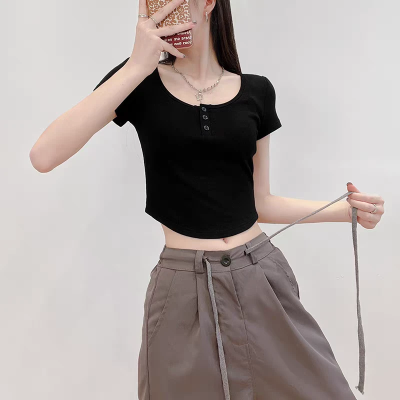 （800-805）纽扣短袖拼接简约通勤纯欲风T恤紧身短款高腰纯色百搭