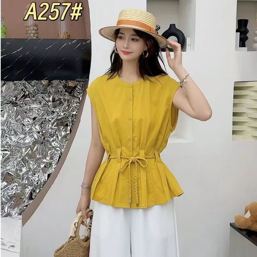 韩系收腰系带无袖衬衫女夏季2025新款宽松显瘦减龄设计感小衫上衣