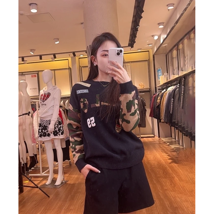 H5WB6824#秋冬款迷彩时尚百搭拼接设计款女针织衫