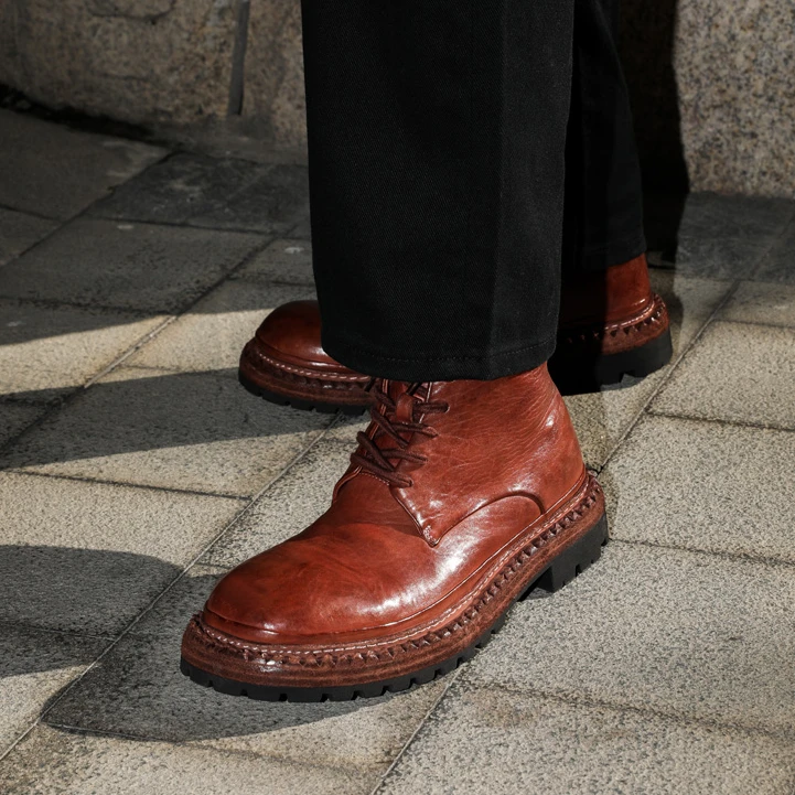 毛小孩 高帮复古水洗马丁靴马皮厚底固特异皮靴手工男鞋 M156-28