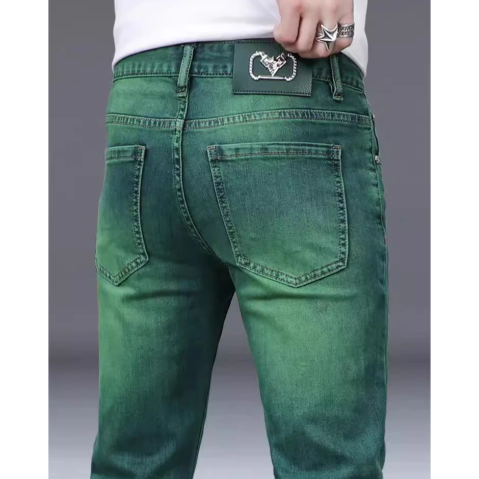 高端潮牌水鬼绿色牛仔裤男士2025新款春秋弹力修身时尚小脚长裤子