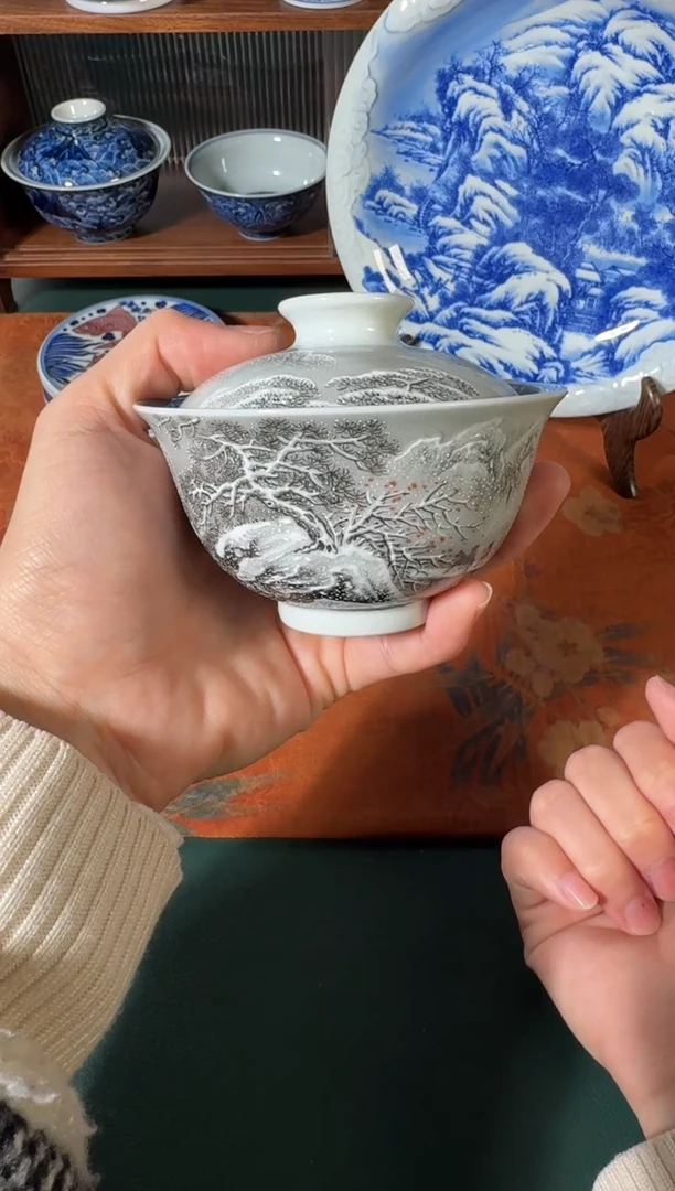 【闪购商品】杯云山片玉粉彩雪景盖碗