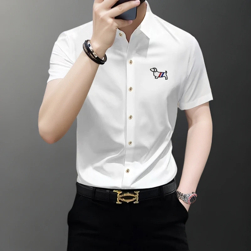 2025新款高端薄款免烫短袖衬衫男夏季冰丝修身休闲弹力烫钻衬衣男