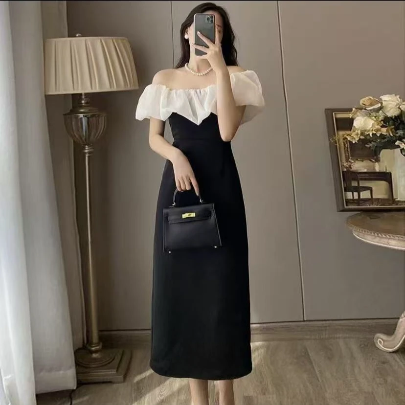 D736法式复古赫本风长裙小众显瘦名媛气质一字领拼色连衣裙