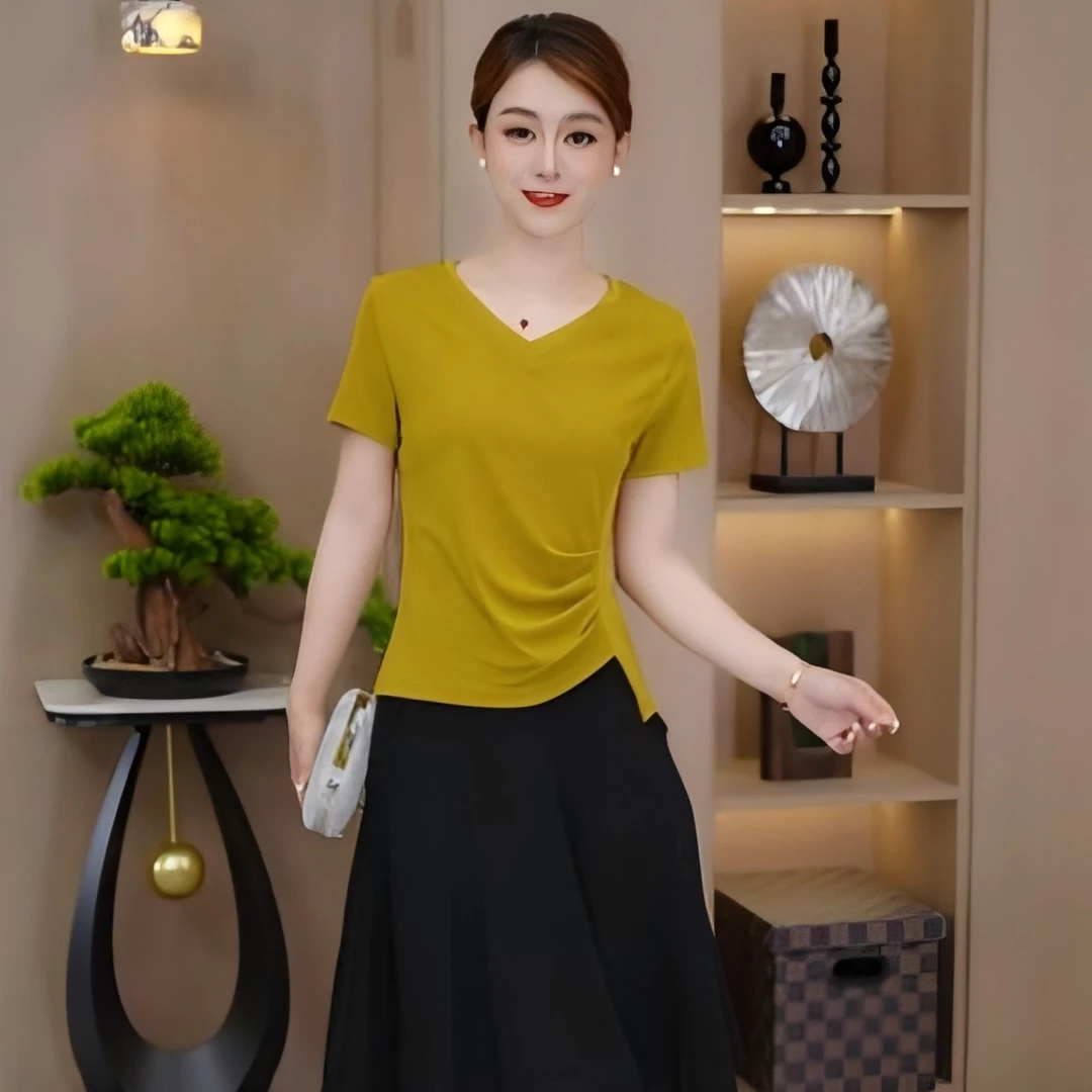2025新款爆款女短袖T恤显瘦气质修身时尚夏季不规则上衣遮肚子V领