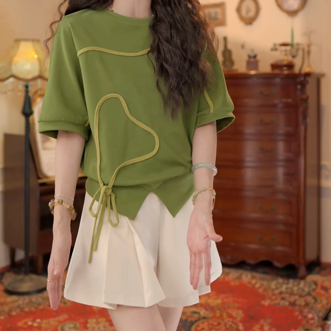 【春烟扶柳】港风复古夏季短袖拼色T恤休闲上衣